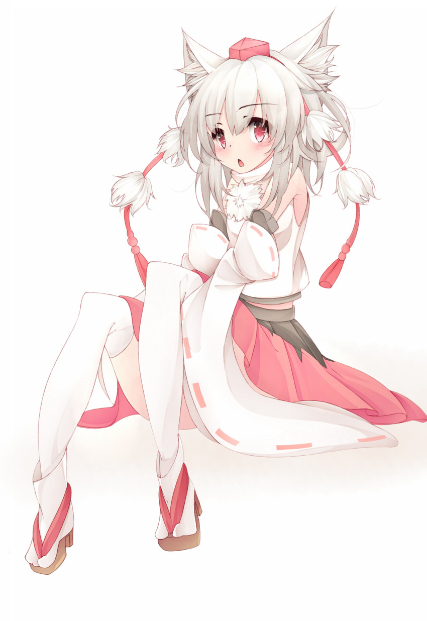 1girl animal_ears blush detached_sleeves full_body hat high_heels highres inubashiri_momiji long_sleeves looking_at_viewer open_mouth pom_pom_(clothes) red_eyes sandals shirt short_hair silver_hair simple_background sitting skirt socks solo string tangusuten thigh-highs tokin_hat touhou turtleneck white_background white_legwear wide_sleeves wolf_ears