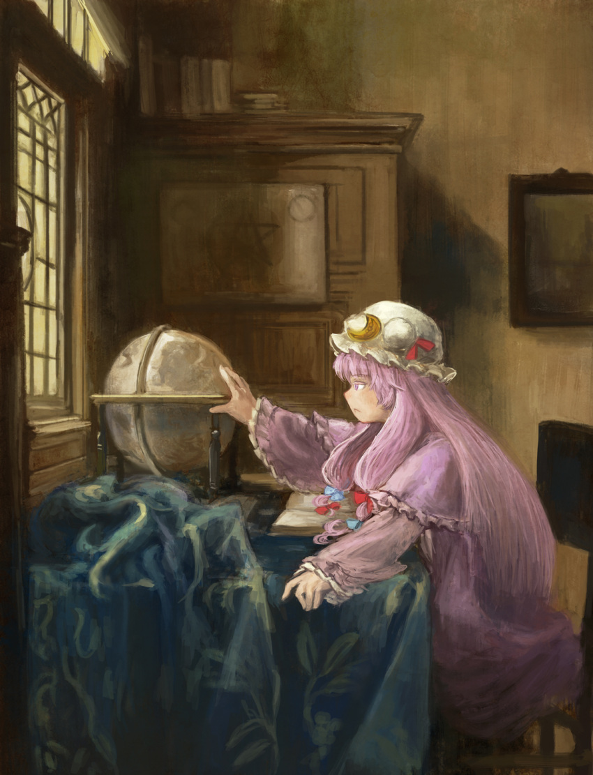 1girl book bow capelet chair colored_eyelashes crescent cupboard dress fine_art_parody globe hair_bow haru_akira hat highres indoors long_hair long_sleeves mob_cap parody patchouli_knowledge profile purple_hair sitting solo the_astronomer touhou violet_eyes wide_sleeves
