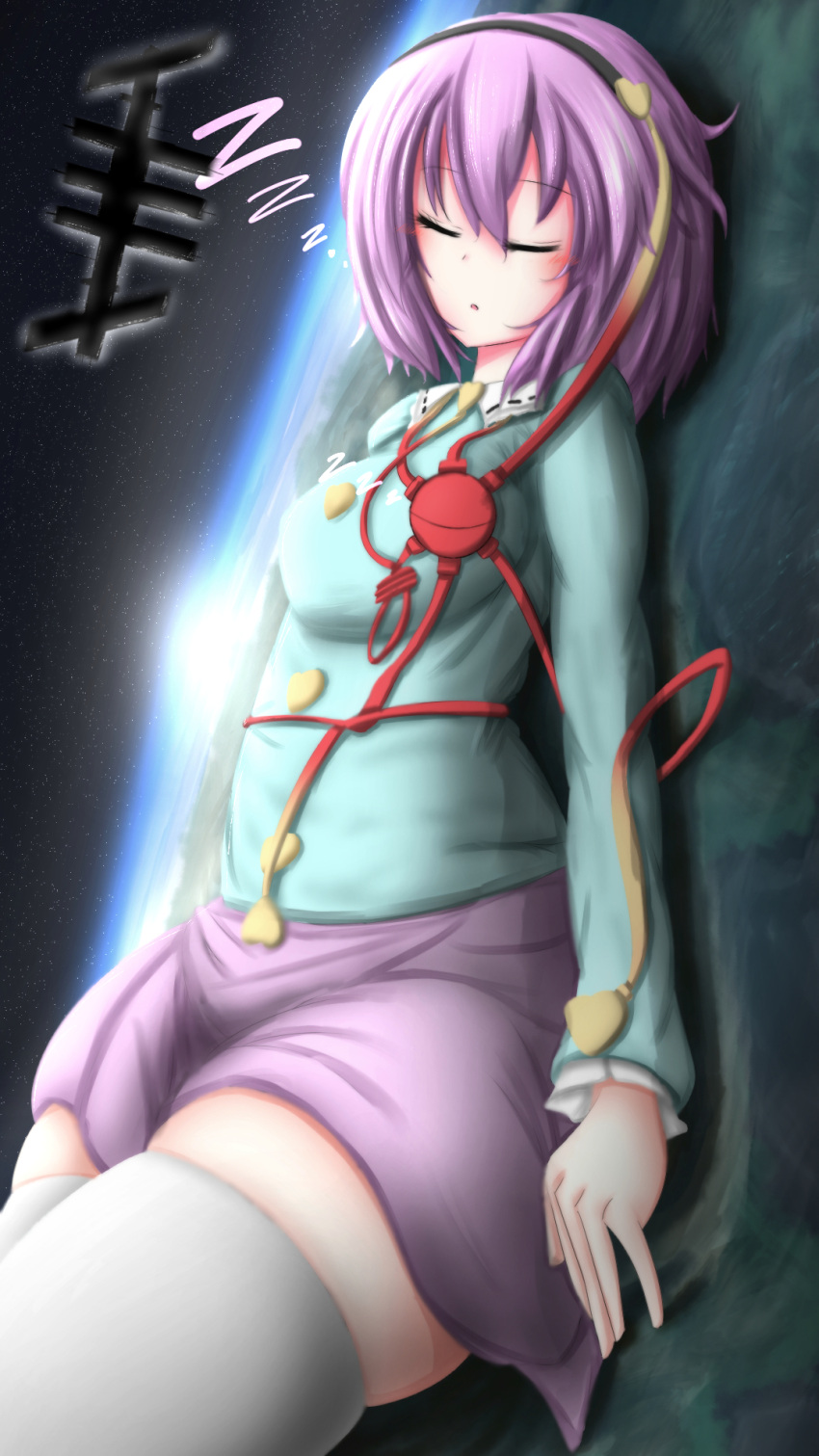 1girl closed_eyes earth giantess hairband heart highres international_space_station komeiji_satori neva open_mouth pink_hair short_hair sleeping solo space third_eye touhou