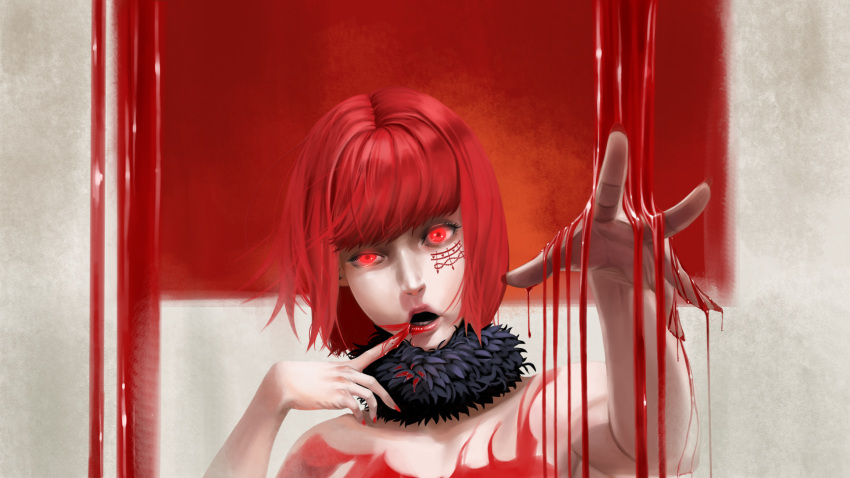 1girl bangs bare_shoulders cookies_(hadasui1986) face_painting facial_mark finger_to_mouth fur_collar fur_trim glowing glowing_eyes half-closed_eye highres liquid looking_at_viewer nail_polish open_mouth outstretched_hand red_eyes red_lips red_nails redhead short_hair solo subete_ga_f_ni_naru teeth