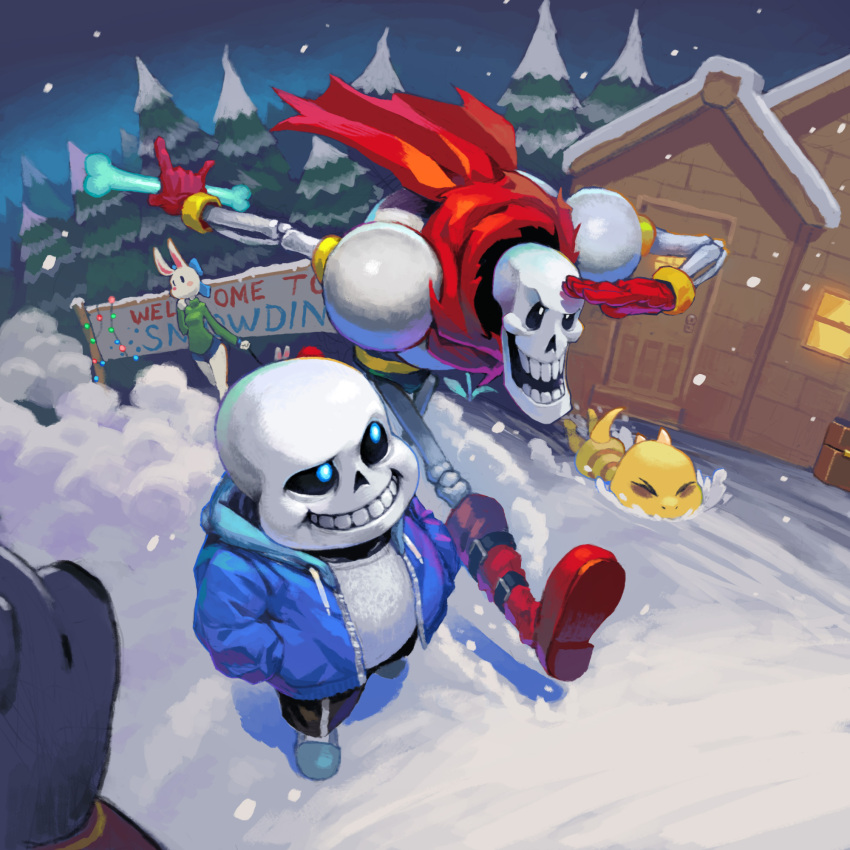 armor blush_stickers bone boots bow brothers closed_eyes english faceplant furry gloves grin hands_in_pockets height_difference highres hood hooded_jacket jacket leash looking_at_another loped monster_kid_(undertale) multiple_boys no_humans outdoors papyrus_(undertale) running sans scarf shirt shorts siblings sign size_difference skeleton slippers smile snow striped striped_shirt sweater tail undertale walking