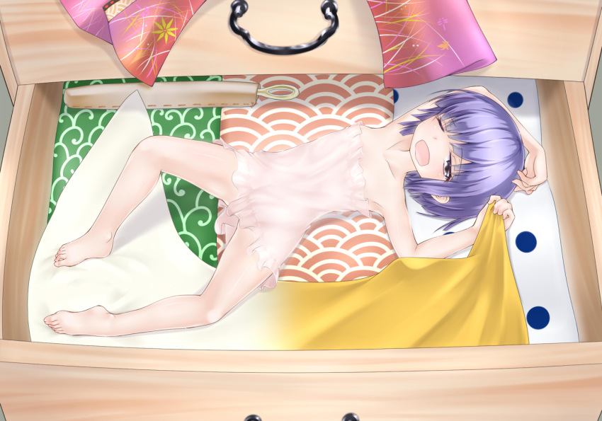 1girl ;o bangs bare_legs barefoot blanket blunt_bangs chemise chest_of_drawers cloth drawer full_body gplnbeat in_container karakusa_(pattern) looking_at_viewer lying needle nightgown on_back one_eye_closed open_drawer open_mouth polka_dot purple_hair seigaiha sheath sheathed short_hair solo strapless sukuna_shinmyoumaru toes touhou violet_eyes yawning