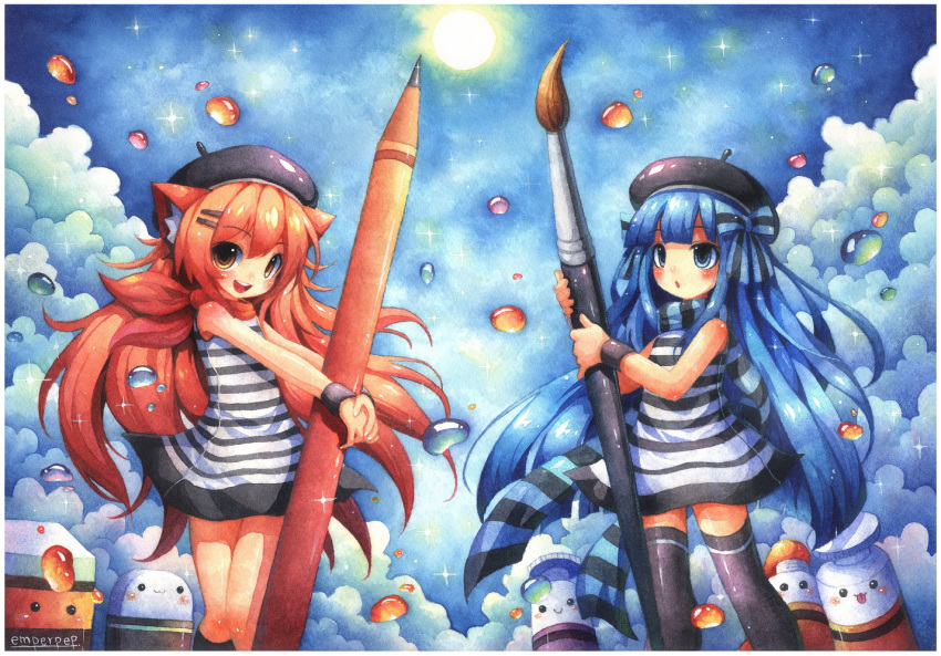 2girls :3 :d :o :p animal_ears artist_name bangs bare_shoulders beret blue_eyes blue_hair blue_sky blunt_bangs blush bow brown_eyes cat_ears chibi clouds dress emperpep eraser face hair_bow hair_ornament hairclip hands_together hat holding_paintbrush holding_pencil horizontal_stripes kneehighs long_hair looking_at_viewer multiple_girls open_mouth orange_hair original oversized_object paint paintbrush pencil scarf short_dress sky sleeveless sleeveless_dress smile sparkle striped striped_bow striped_dress striped_scarf sun thigh-highs tongue tongue_out traditional_media tube two-handed very_long_hair watercolor_(medium) wrist_cuffs zettai_ryouiki