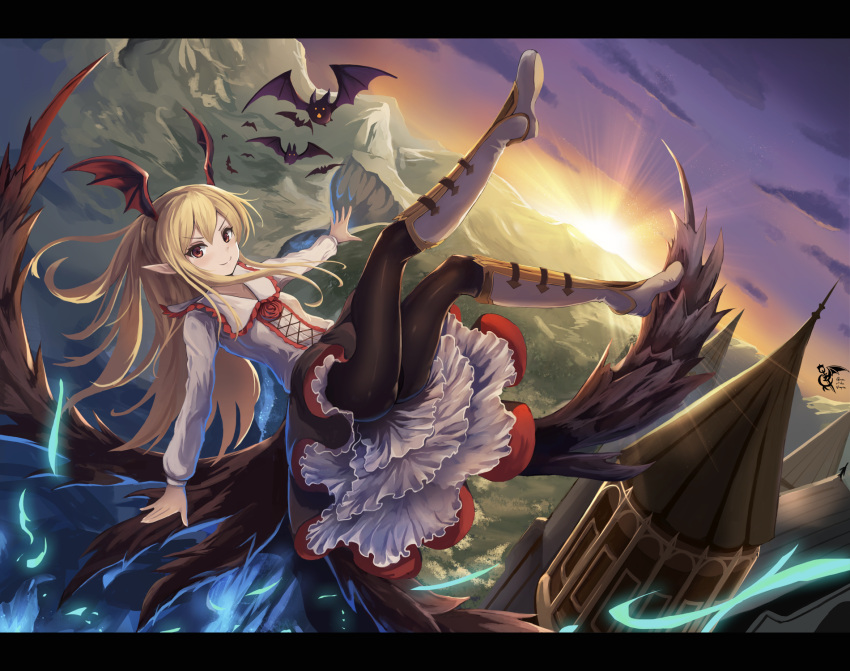 1girl bat bat_wings black_wings blonde_hair boots castle dutch_angle eruthika feathered_wings flower flying frilled_skirt frills granblue_fantasy head_wings highres letterboxed long_hair looking_at_viewer low_wings outstretched_arms pantyhose petticoat pointy_ears red_eyes rose skirt smile solo sunrise vampire vampy wings