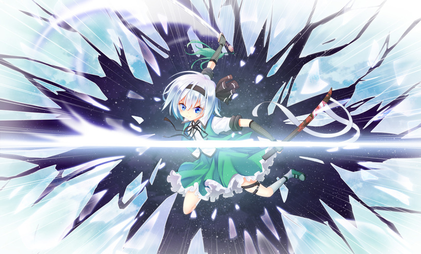 1girl action aura blue_eyes blue_sky clouds collared_shirt commentary_request elbow_gloves emphasis_lines fingerless_gloves fishnet_gloves frilled_skirt frills gloves green_shoes green_skirt green_vest hairband katana konpaku_youmu light_trail looking_at_viewer open_clothes open_vest ribbon serious shards shattering sheath shirt shoes short_hair short_sleeves silver_hair skirt sky slashing solo space surreal sword touhou vest weapon white_legwear z.o.b