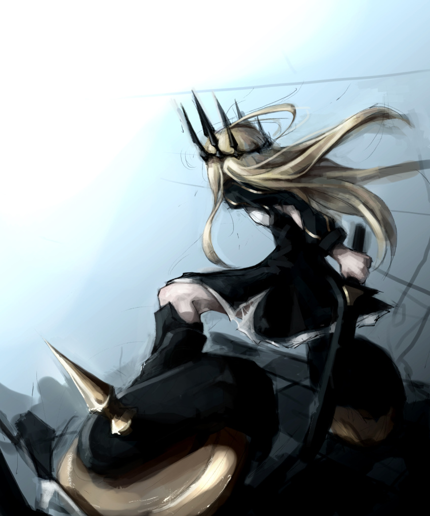 absurdres back bent_knees black_dress black_rock_shooter blonde_hair chariot_(black_rock_shooter) crown dress dutch_angle gyup91 highres holding_weapon long_hair long_sleeves md5_mismatch solo sword weapon wheel wind
