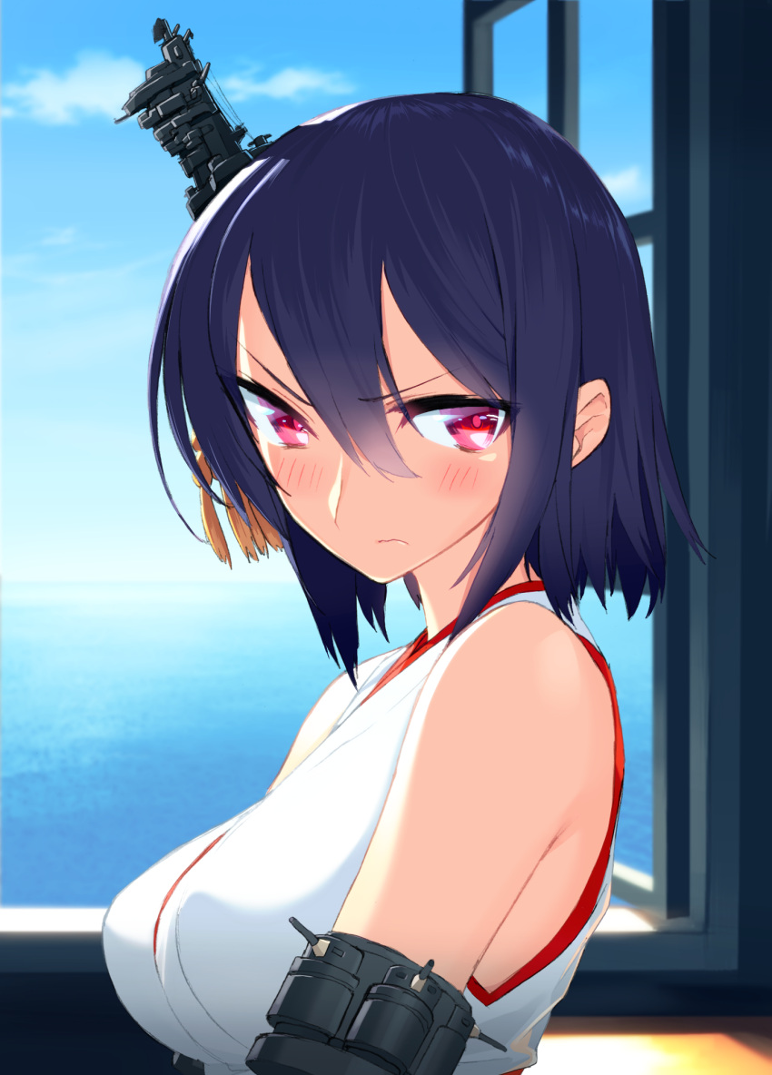 &gt;:( 1girl armlet bangs bare_shoulders blew_andwhite blue_sky blurry blush depth_of_field frown hair_between_eyes hair_ornament highres japanese_clothes kantai_collection looking_away looking_to_the_side nontraditional_miko ocean open_window pink_eyes purple_hair short_hair sky solo turret upper_body water wavy_mouth window yamashiro_(kantai_collection)
