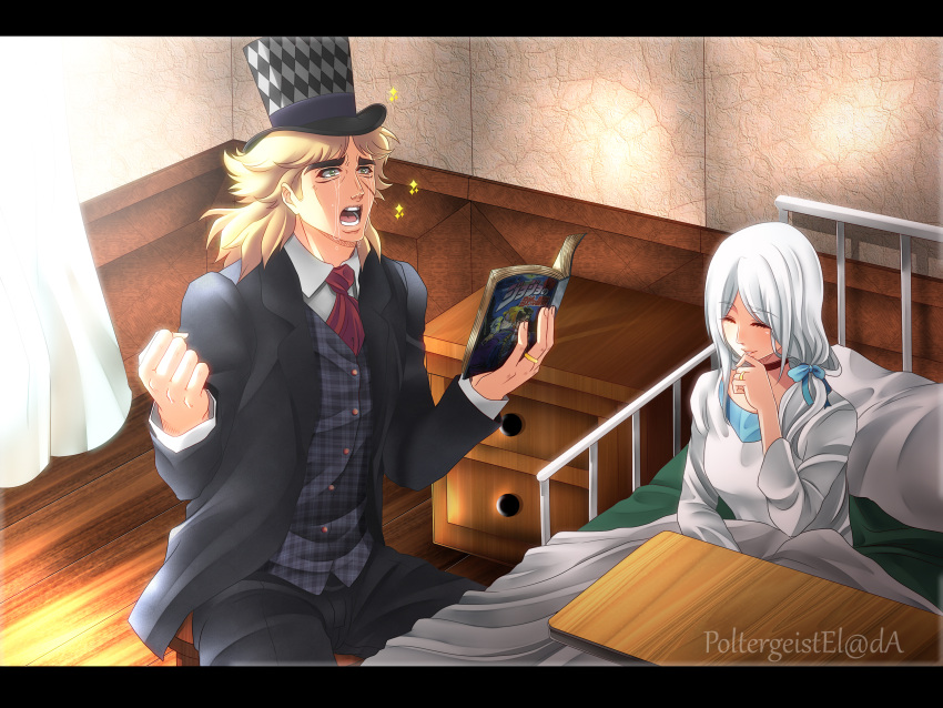 1boy 1girl artist_name blanket blonde_hair choker closed_eyes crying curtains drawer dress eyebrows formal hair_ribbon hat highres jewelry jojo_no_kimyou_na_bouken letterboxed long_hair manga_(object) necktie original plaid plaid_vest poltergeist-el ribbon ring robert_eo_speedwagon scar streaming_tears suit table tears thick_eyebrows top_hat under_covers vest white_dress white_hair