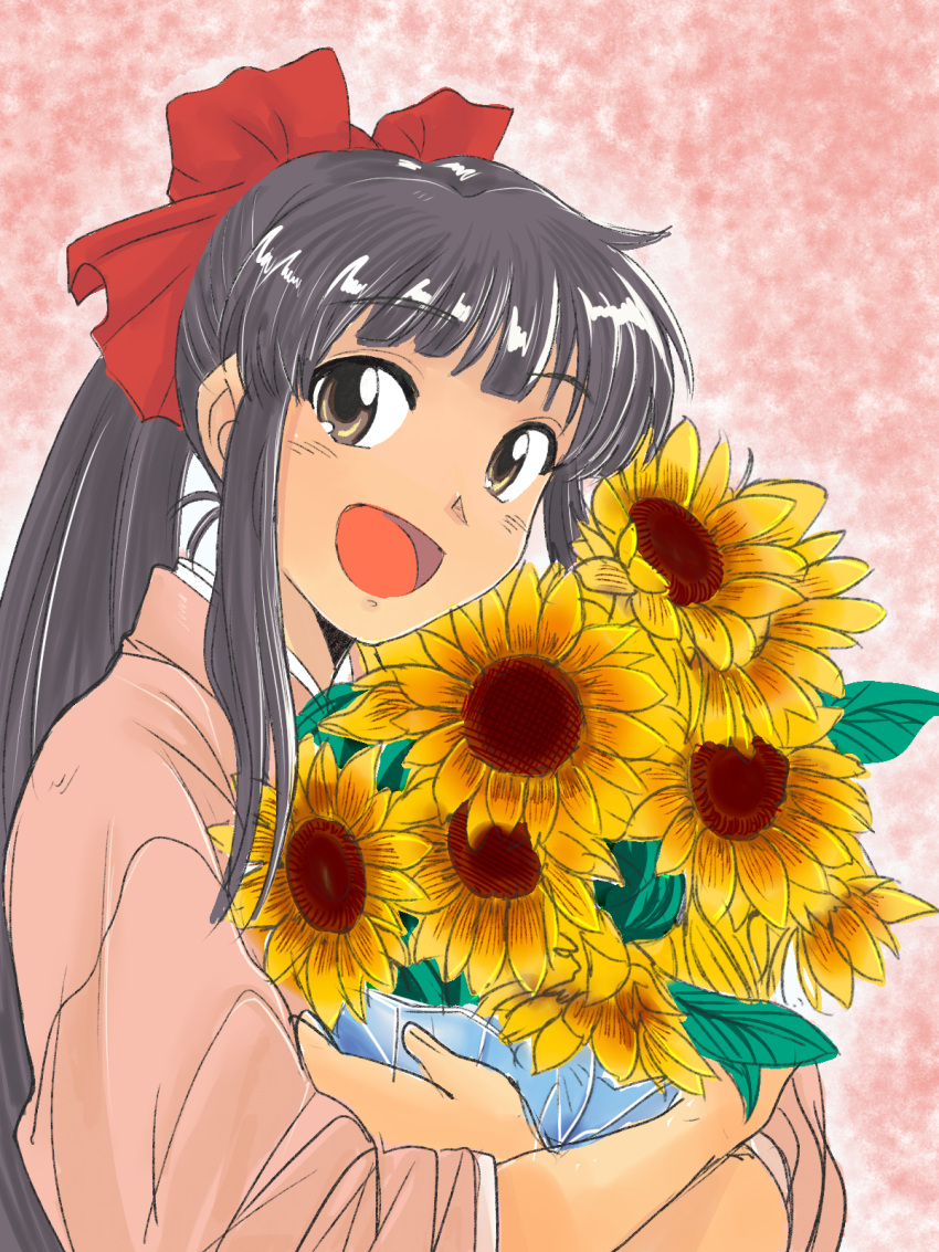 1girl black_hair brown_eyes flower hair_ribbon highres holding holding_flower open_mouth ribbon sakura_taisen shinguuji_sakura smile solo sunflower tsubobot upper_body