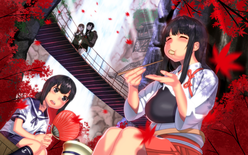 4girls akagi_(kantai_collection) anchor_symbol autumn_leaves bangs black_eyes black_hair blunt_bangs blush bowl bridge chopsticks cliff closed_eyes crate dutch_angle eating fan food_in_mouth fubuki_(kantai_collection) hands_together highres japanese_clothes kantai_collection kitakami_(kantai_collection) kneehighs leaf light_rays long_hair misumi_(niku-kyu) multiple_girls muneate ooi_(kantai_collection) open_mouth outdoors paper_fan pleated_skirt rope_bridge scenery school_uniform serafuku short_sleeves sidelocks sitting skirt sunbeam sunlight uchiwa walking water waterfall