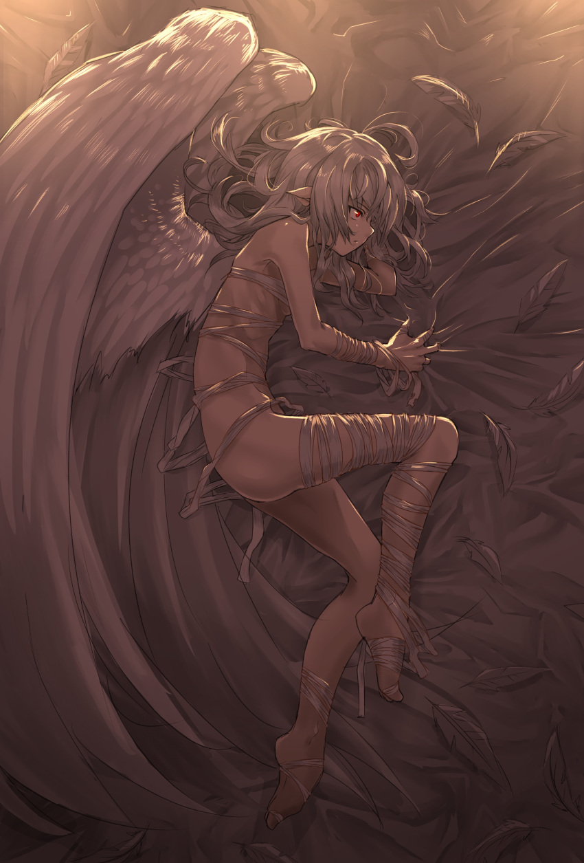 1girl absurdres albino angel angel_wings arm_pillow bandaged_arm bandaged_leg bandages bed_sheet dio_uryyy feathered_wings feathers highres long_hair lying naked_bandage no_shoes on_side original pointy_ears red_eyes ribs solo white_hair white_wings wings