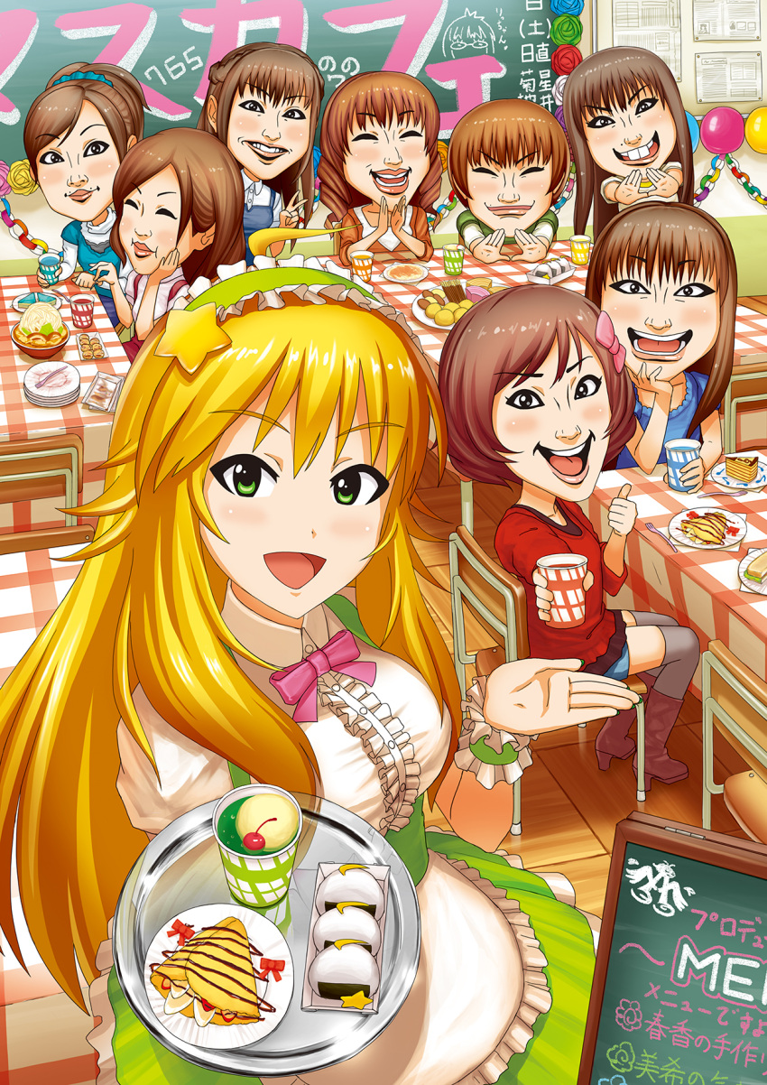 6+girls :d akizuki_ritsuko annotation_request balloon blonde_hair boots bow brown_eyes brown_hair buck_teeth cake caricature chair chalkboard character_request cherry closed_eyes commentary_request crepe drill_hair food fork fruit green_eyes grey_legwear grin hair_bow hair_ornament high_heel_boots high_heels highres hoshii_miki idolmaster koh_onigiri lips long_hair looking_at_viewer maid_headdress mole multiple_girls nonowa onigiri open_mouth partially_translated plate ponytail sandwich short_hair smile star_hair_ornament table thigh-highs thumbs_up translation_request tray twin_drills waitress