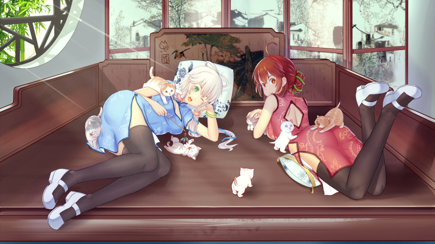 2girls breasts brown_eyes brown_hair cat china_dress chinese_clothes dongqing_zaozigao green_eyes highres long_hair looking_at_viewer luo_tianyi mary_janes multiple_girls shoes smile thigh-highs vocaloid white_hair yuezheng_ling