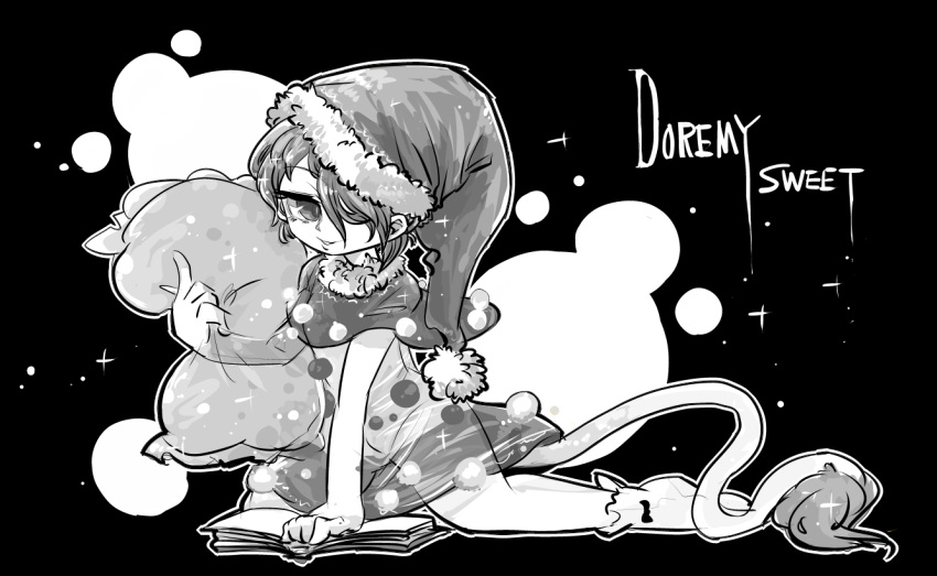 1girl book character_name doremy_sweet dress hair_over_one_eye hat monochrome nightcap pillow pom_pom_(clothes) shirt short_hair skirt smile socks solo tail touhou yt_(wai-tei)
