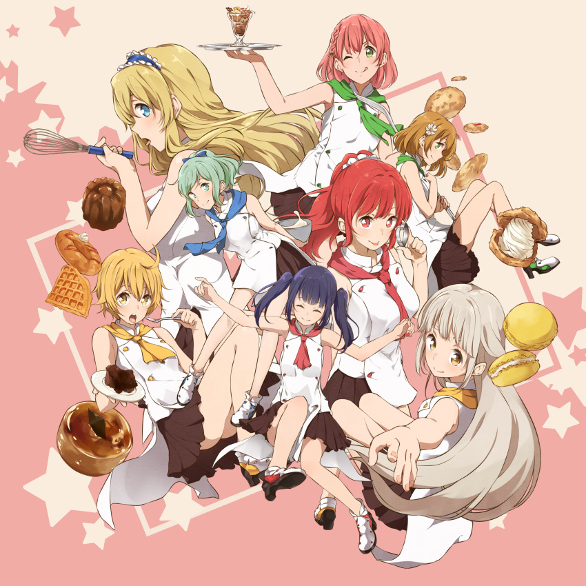 6+girls :p ;q ^_^ absurdres blonde_hair blue_eyes blush boots brown_hair chef_uniform closed_eyes cream_puff green_eyes green_hair grey_hair haine high_heel_boots high_heels highres long_hair macaron multiple_girls one_eye_closed original pastry pink_hair plate red_eyes redhead short_hair skirt sleeveless star tongue tongue_out tray twintails waffle whisk yellow_eyes