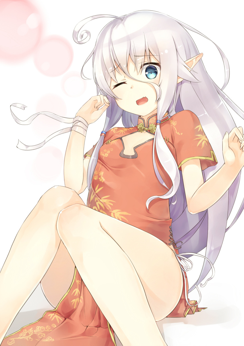 1girl ahoge aqua_eyes china_dress chinese_clothes dress hair_between_eyes hair_ornament highres knees_together_feet_apart lavender_hair long_hair looking_at_viewer one_eye_closed open_mouth original pointy_ears red_dress ruma_imaginary short_sleeves side_slit sidelocks sitting solo