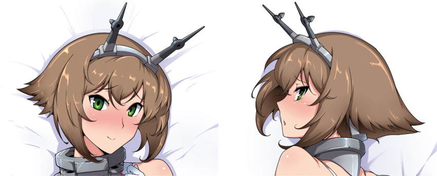 1girl :o bangs bare_shoulders bed_sheet blush brown_hair close-up competition_school_swimsuit from_behind gloves green_eyes hair_between_eyes harukon_(halcon) headgear kantai_collection looking_at_viewer looking_back multiple_views mutsu_(kantai_collection) one-piece_swimsuit open_mouth short_hair sidelocks smile solo swimsuit white_gloves