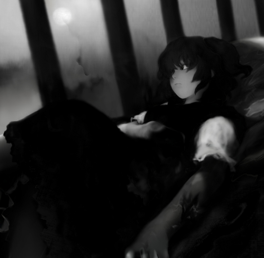 1girl dark expressionless full_moon futon_(kitsune_tsuki) hair_over_one_eye hand_on_own_stomach highres looking_out_window lying monochrome moon moonlight on_back onozuka_komachi shadow short_hair short_sleeves solo touhou two_side_up veins
