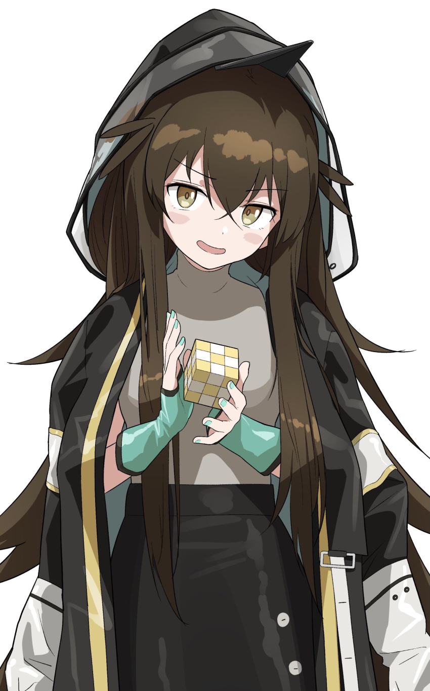 1girl absurdres aqua_nails arknights bangs blush brown_hair drawdrawdeimos highres hood hood_up hooded_jacket jacket jacket_on_shoulders kafka_(arknights) long_hair nail_polish parted_lips pencil_skirt rubik's_cube skirt solo turtleneck yellow_eyes