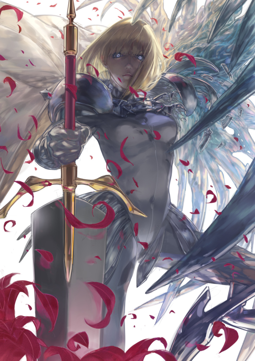 1girl armor blonde_hair bodysuit cape clare_(claymore) claymore claymore_(sword) cowboy_shot ene faulds grey_eyes highres looking_at_viewer open_mouth pauldrons petals short_hair simple_background solo sword transformation weapon