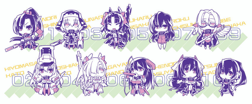 1boy 6+girls arrow bodysuit bow_(weapon) chibi chousokabe_motochika fukushima_masanori glasses hachisuka_koroku hair_over_one_eye hat hirano_nagayasu ishida_mitsunari kasuya_takenori katagiri_katsumoto katou_kiyomasa katou_yoshiaki kyoukaisenjou_no_horizon long_hair multiple_girls pointy_ears ponytail takenaka_hanbee wakisaka_yasuharu weapon wings y/n