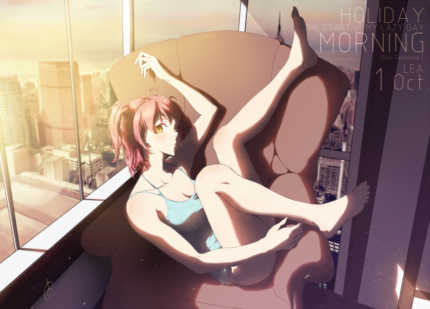 1girl artist_request barefoot breasts city cityscape cleavage clouds couch english highres indoors legs legs_up lens_flare light_particles long_hair morning original pink_hair solo tank_top text twintails window yellow_eyes