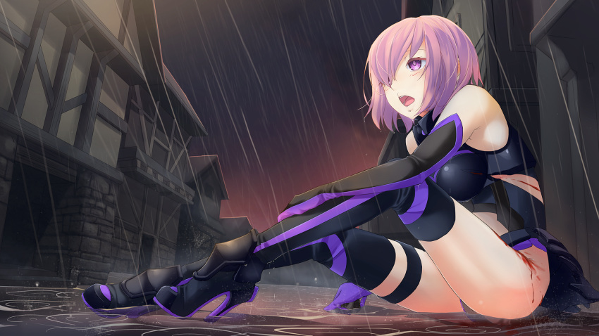 1girl bare_shoulders blood boots cuts elbow_gloves fate/grand_order fate_(series) gloves high_heels highres injury jason_kong purple_hair shielder_(fate/grand_order) skirt solo thigh-highs thigh_boots violet_eyes