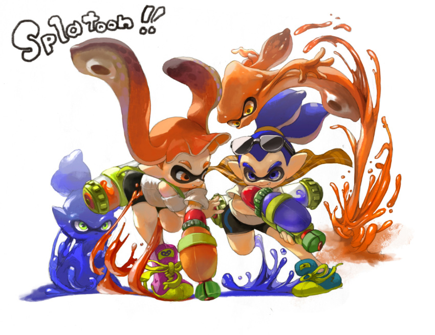 1boy 1girl battle blue_eyes blue_hair cape container copyright_name domino_mask fangs fighting grin holding inkling jumping leg_up long_hair looking_at_another mask minato_(minat0) off_shoulder orange_eyes orange_hair paint_splatter pointy_ears running shoes short_hair smile sneakers splatoon squid sunglasses sunglasses_on_head super_soaker t-shirt tentacle_hair white_background
