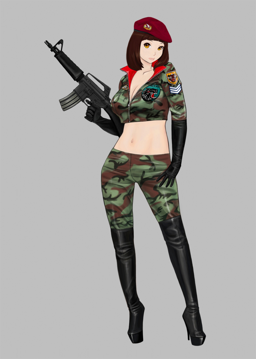 1girl assault_rifle beret boots breasts brown_eyes brown_hair camouflage car-15 elbow_gloves gloves gun hat high_heel_boots high_heels highres knee_boots komii looking_at_viewer midriff military military_uniform navel original rifle solo thigh-highs thigh_boots uniform weapon yellow_eyes