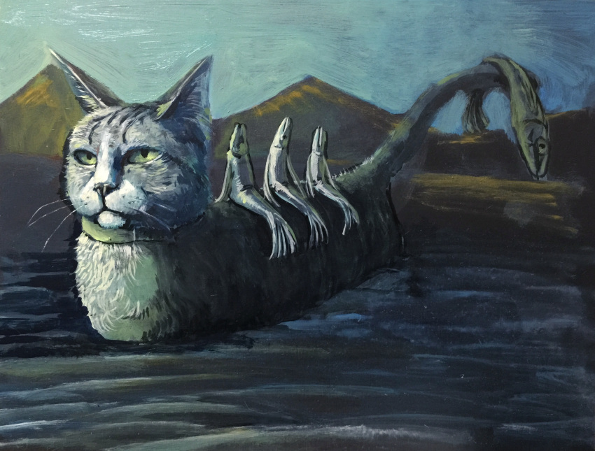 animal blue_sky cat collar egypt fish green_eyes highres lake no_humans original outdoors partially_submerged pyramid riding sardine sitting sky surreal tail tail_hold tatsubsge wading water what whiskers