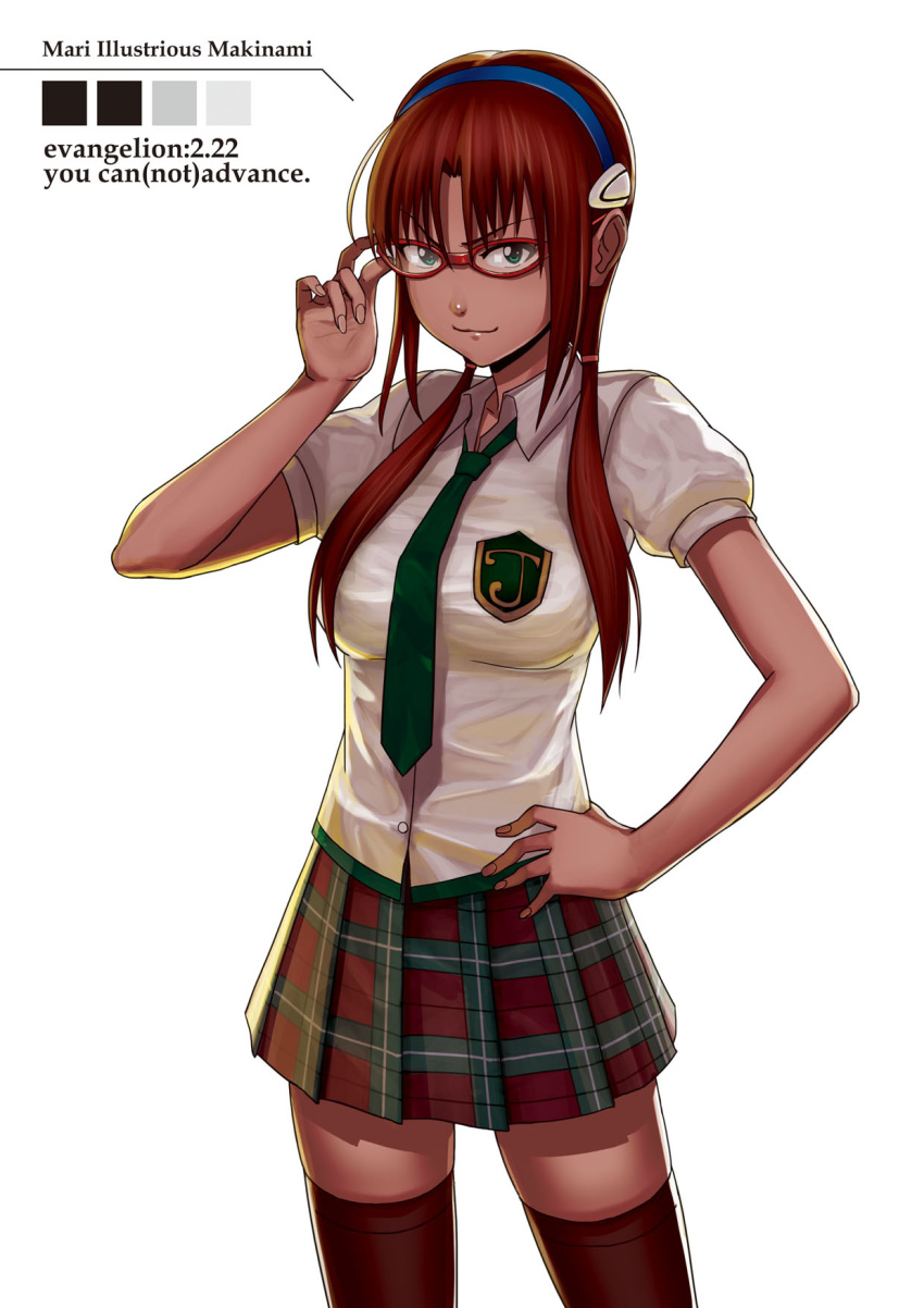 1girl adjusting_glasses brown_hair character_name copyright_name evangelion:_2.0_you_can_(not)_advance glasses green_eyes hairband highres koh_onigiri long_hair looking_at_viewer makinami_mari_illustrious necktie neon_genesis_evangelion plaid plaid_skirt rebuild_of_evangelion red-framed_glasses school_uniform simple_background skirt solo thigh-highs twintails white_background zettai_ryouiki
