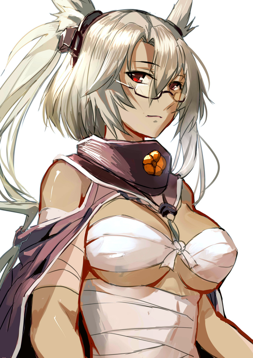 1girl blonde_hair breasts budget_sarashi collarbone dark_skin glasses highres hunter.g kantai_collection large_breasts looking_at_viewer musashi_(kantai_collection) pointy_hair red_eyes sarashi short_hair simple_background sketch solo two_side_up upper_body white_background