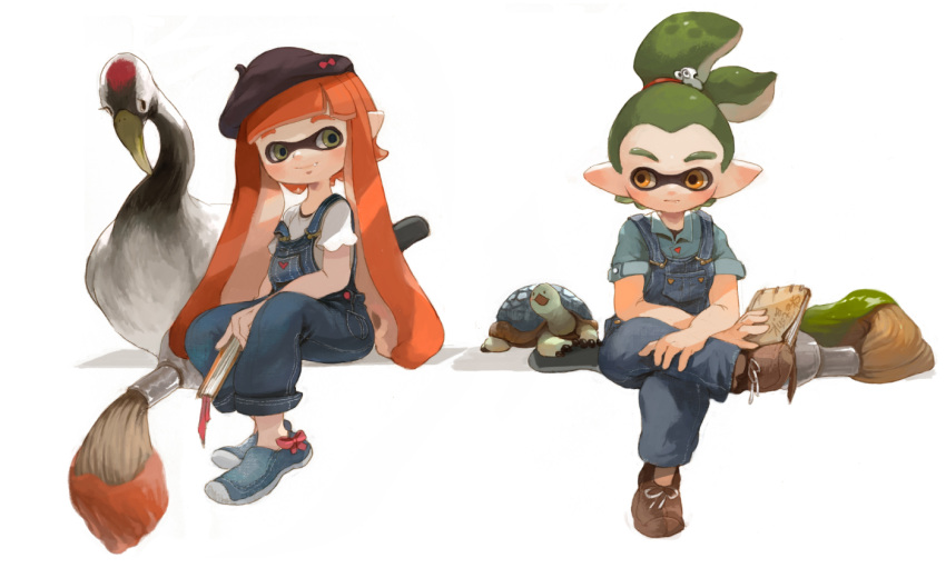 1boy 1girl beret bird bow brown_eyes casual collared_shirt denim domino_mask fang green_hair hair_ornament hat holding inkling long_hair looking_at_another mask minato_(minat0) notebook orange_hair overalls oversized_object paintbrush pointy_ears shirt shoes short_hair sitting splatoon strap_slip tentacle_hair turtle