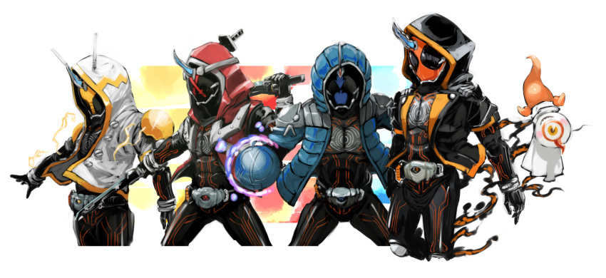 4boys armor artist_request commentary_request edison_damashii eyecon highres hooded_jacket kamen_rider kamen_rider_ghost kamen_rider_ghost_(series) male multiple_boys multiple_persona musashi_damashii newton_damashii ore_damashii rider_belt sword taka weapon yurusen