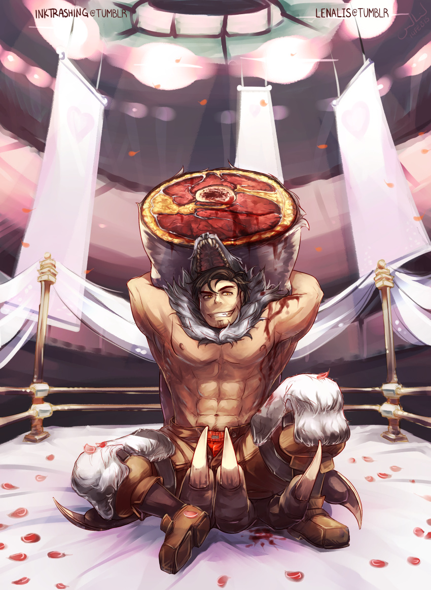 1boy abs absurdres artist_name beowulf_(skullgirls) black_hair blood boxing_ring claws fang grin highres lenalis male_focus miru_(inktrashing) muscle orange_eyes oversized_limbs petals severed_arm severed_limb shirtless skullgirls smile solo unbuttoned