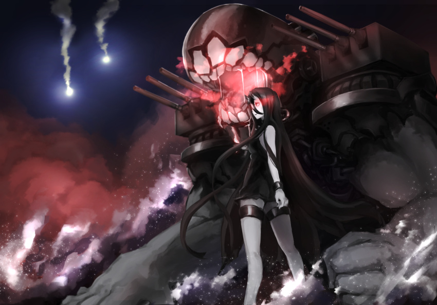 1girl bare_shoulders battleship_hime black_dress black_hair cannon dress flares glowing glowing_eyes hair_between_eyes horns kantai_collection long_hair machinery mouth night oni_horns open_mouth pale_skin red_eyes saliva shinkaisei-kan short_dress sleeveless smile smoke solo teeth turret very_long_hair weasel_(close-to-the-edge) white_skin