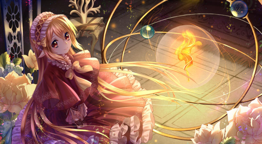 1girl blonde_hair bonnet bow dress elf fire flower frilled_dress frills hair_bow haneru long_hair looking_at_viewer original pointy_ears red_dress red_eyes rug smile solo