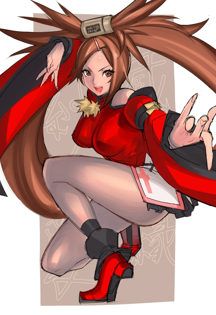 bare_shoulders beckoning brown_eyes brown_hair china_dress chinese_clothes detached_sleeves guilty_gear guilty_gear_xrd hair_ornament hair_ring highres kuradoberi_jam legs long_hair open_mouth solo squatting tetsu_(kimuchi) twintails very_long_hair