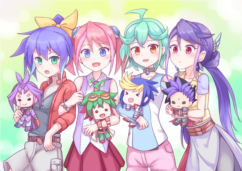 &gt;_&lt; 4girls :&lt; :d ahoge bare_shoulders belt bow bracelet brown_eyes character_doll choker closed_eyes commentary_request earrings green_eyes green_hair hair_bow hair_ornament hiiragi_yuzu holding jewelry kurosaki_ruri looking_at_viewer multiple_girls open_mouth pink_hair pleated_skirt ponytail purple_hair red_eyes rin_(yuu-gi-ou_arc-v) sakaki_yuuya serena_(yuu-gi-ou_arc-v) short short_hair skirt sleeveless smile twintails violet_eyes yugo_(yuu-gi-ou_arc-v) yuri_(yuu-gi-ou_arc-v) yuto_(yuu-gi-ou_arc-v) yuu-gi-ou yuu-gi-ou_arc-v