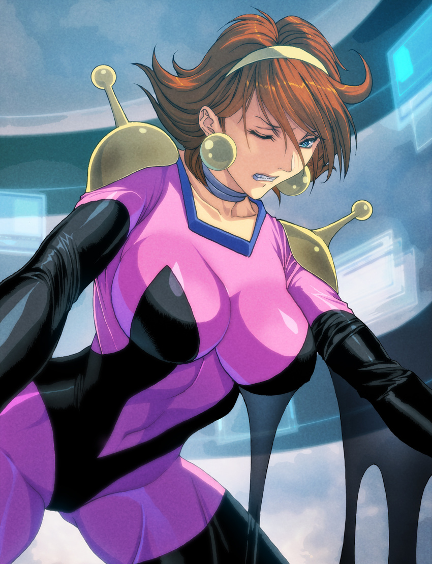 1girl all_fours blue_eyes bodysuit breasts brown_hair choker clenched_teeth collarbone covered_navel covered_nipples earrings elbow_gloves g_gundam gloves gundam hairband highres homare_(fool's_art) jewelry large_breasts lips mobile_trace_suit one_eye_closed rain_mikamura short_hair skin_tight solo thigh-highs