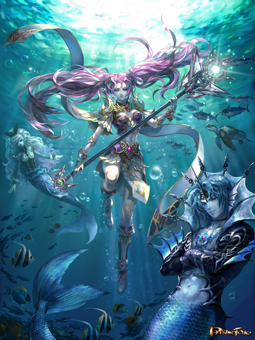 1boy 2girls abs absurdres blue_hair boots breasts bubble character_request cleavage copyright_name crossed_arms fins fish gloves glowing highres horn kim_yura_(goddess_mechanic) knee_boots light mermaid merman monster_boy monster_girl multiple_girls navel pink_hair priston_tale revision scales sea_turtle staff tail turtle twintails underbust underwater vambraces white_hair