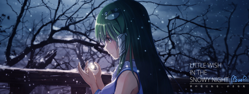 1girl bare_tree blue_eyes breasts clouds cloudy_sky english frog_hair_ornament fur_trim glowing green_eyes green_hair hair_ornament hair_tubes hands_up kochiya_sanae light long_hair mocco_(sachima) night night_sky profile reflective_eyes sky sleeveless smile snake_hair_ornament snow snowing solo touhou translation_request tree upper_body