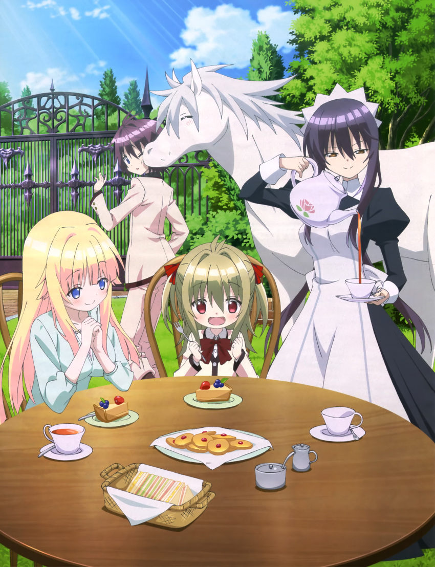 1boy 3girls :d absurdres alice_cleveland apron artist_request bangs black_dress black_hair blonde_hair blue_eyes blue_sky blunt_bangs blush bow brown_eyes cup dress elbows_on_table fence fork formal gate hair_between_eyes hanabusa_youtarou hands_together happy highres holding_fork horse jacket juliet_sleeves kidouin_makio lance_n'_masques light_rays long_sleeves looking_at_another looking_down maid maid_headdress multiple_girls official_art one_eye_closed open_mouth outdoors pants pie plate pouring puffy_sleeves red_eyes sandwich saucer school_uniform shirohime_(lance_n'_masques) short_twintails sidelocks sitting sky smile source_request spoon standing sudou_yoriko suit sunbeam sunlight table tea tea_party teacup teapot tears tree twintails white_jacket white_pants