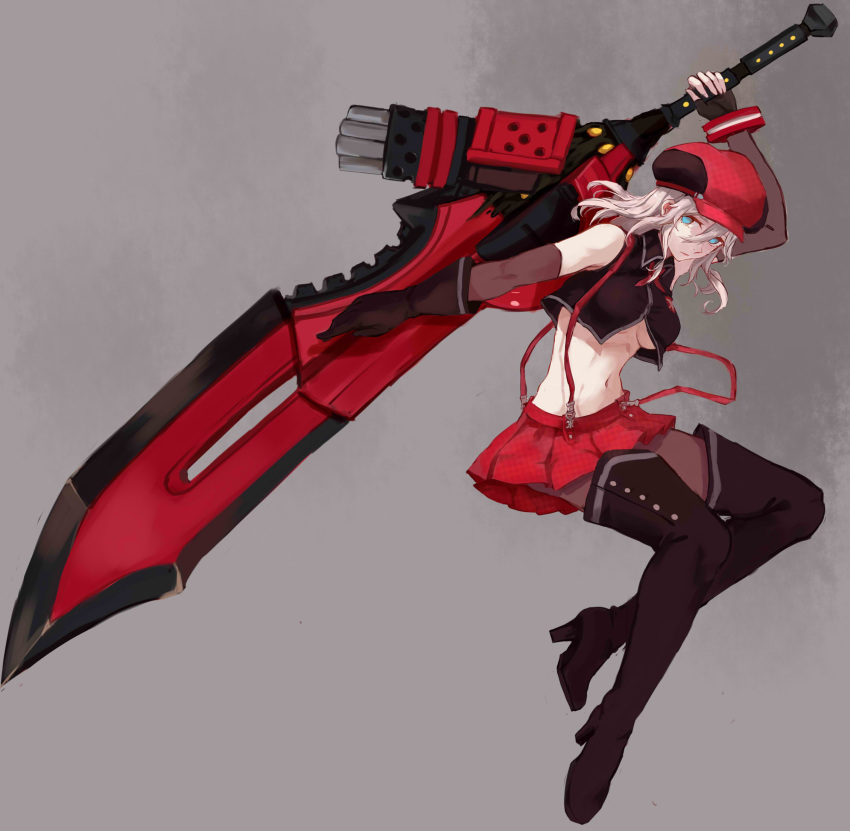 1girl alisa_ilinichina_amiella black_boots black_legwear blue_eyes boots breasts elbow_gloves fingerless_gloves gloves god_eater god_eater_burst hat hfp～kubiao high_heel_boots high_heels highres large_breasts long_hair looking_at_viewer pantyhose pleated_skirt shoes short_hair silver_hair simple_background skirt solo suspender_skirt suspenders sword thigh-highs thigh_boots under_boob weapon white_hair