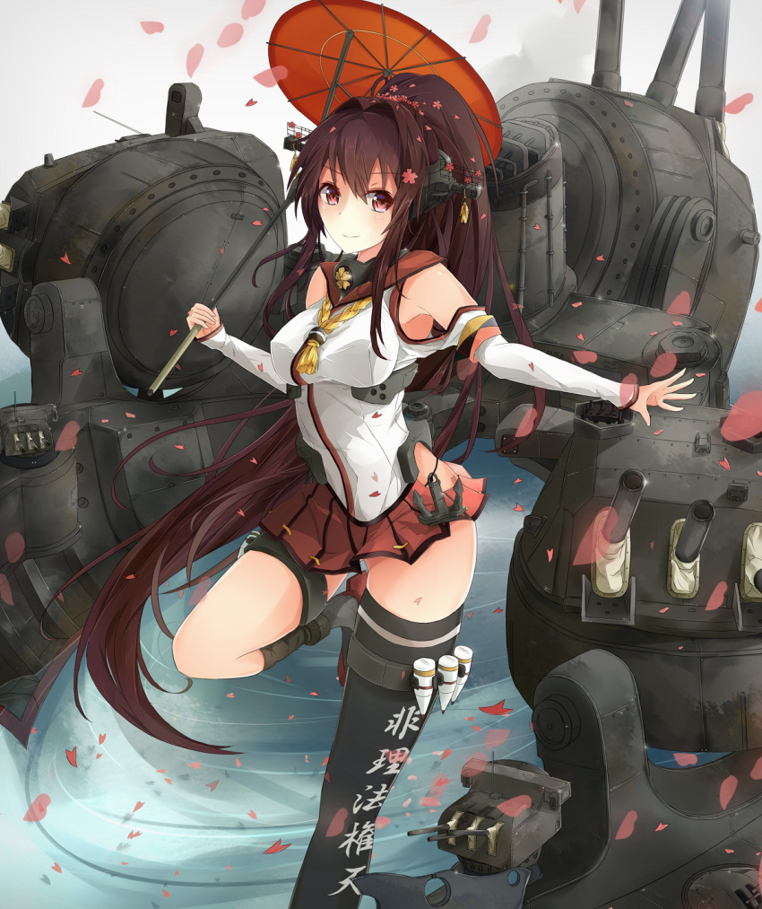 1girl anchor black_legwear blush breasts brown_eyes brown_hair cherry_blossoms detached_sleeves flower hair_flower hair_ornament headgear highres holding_umbrella japanese jenson_tw kantai_collection kneehighs long_hair looking_at_viewer machinery one_leg_raised oriental_umbrella petals pleated_skirt ponytail red_skirt rope single_thighhigh skirt smile solo standing_on_one_leg thigh-highs umbrella very_long_hair water weapon yamato_(kantai_collection) zettai_ryouiki