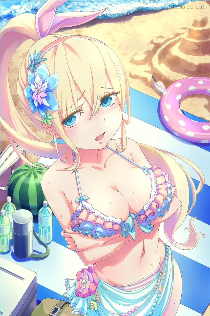 1girl animal_ears beach bikini blonde_hair blue_eyes blush bottle breast_hold breasts cleavage embarrassed fake_animal_ears flower food frilled_bikini frills from_above fruit hair_flower hair_ornament hairband highres innertube long_hair looking_at_viewer loup open_mouth original ponytail rabbit_ears sand_castle sand_sculpture solo striped striped_bikini striped_swimsuit sweat swimsuit very_long_hair water watermelon