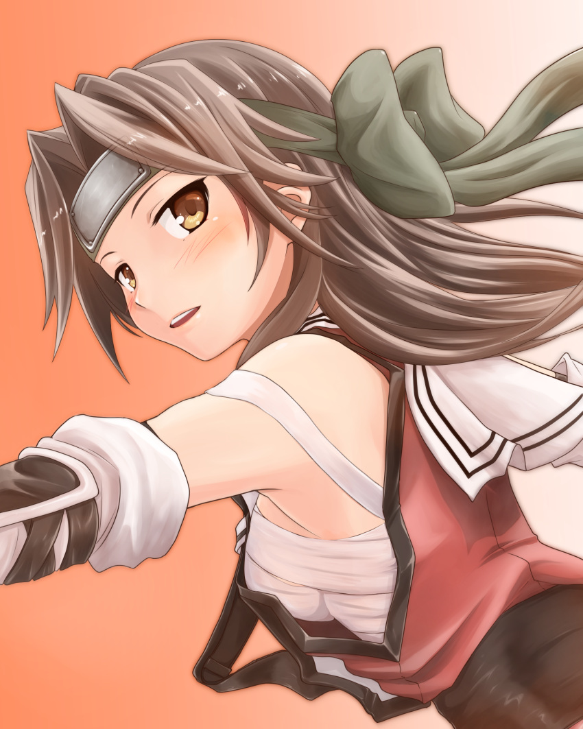 1girl breasts brown_eyes brown_hair detached_sleeves forehead_protector from_side hair_intakes highres jintsuu_(kantai_collection) kantai_collection long_hair looking_at_viewer looking_back looking_to_the_side orange_background parted_lips sarashi sideboob simple_background solo tr-6