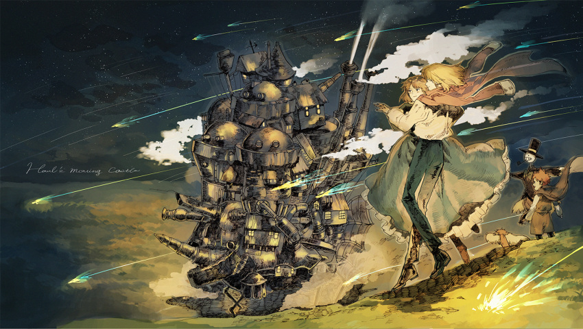 1girl black_shoes blonde_hair blue_dress blue_pants boots brown_boots brown_hair cape clouds copyright_name couple dog dress earrings english frilled_dress frills grass grin hat heen hetero holding howl_(howl_no_ugoku_shiro) howl_no_ugoku_shiro jacket_on_shoulders jewelry kakashi_no_kabu kurohal long_sleeves markl multiple_boys night night_sky pants scarecrow shirt shoes shooting_star short_hair shorts sky smile sophie_(howl_no_ugoku_shiro) standing studio_ghibli top_hat white_shirt wind