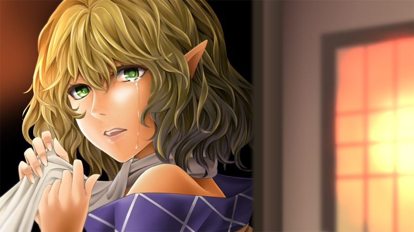 1girl arkatopia blonde_hair crying crying_with_eyes_open eyelashes fingernails from_side green_eyes indoors lips looking_at_viewer looking_to_the_side mizuhashi_parsee off_shoulder open_mouth pointy_ears room scarf short_hair single_tear solo streaming_tears sun sunset tears teeth touhou wavy_hair window