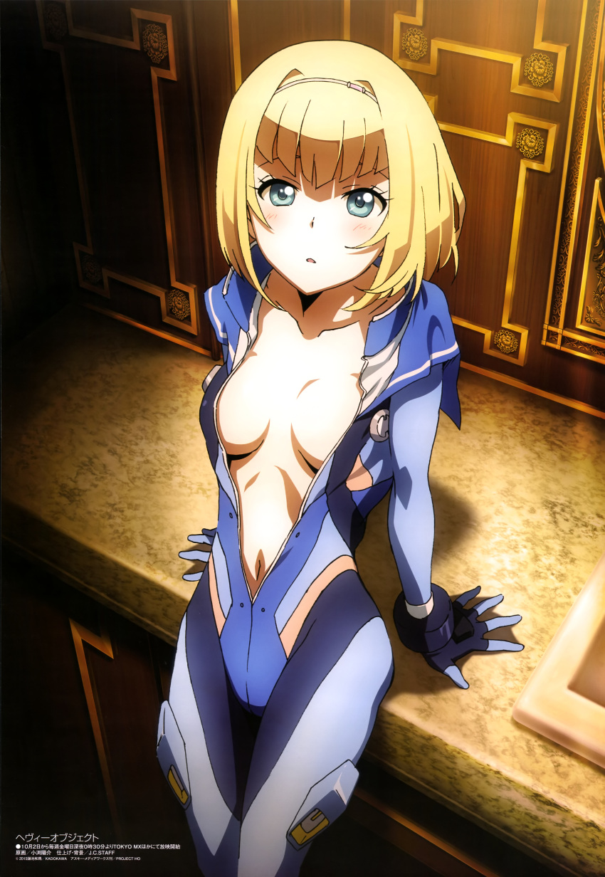 1girl 2015 absurdres aqua_eyes arm_support bangs blonde_hair blush bob_cut bodysuit bracer breasts capelet center_opening cleavage company_name copyright_name counter cowboy_shot eyelashes from_above gloves hair_intakes hairband heavy_object highres indoors looking_at_viewer looking_up megami milinda_brantini navel obuchi_yousuke official_art open_clothes parted_lips scan shadow short_hair small_breasts solo unzipped watermark